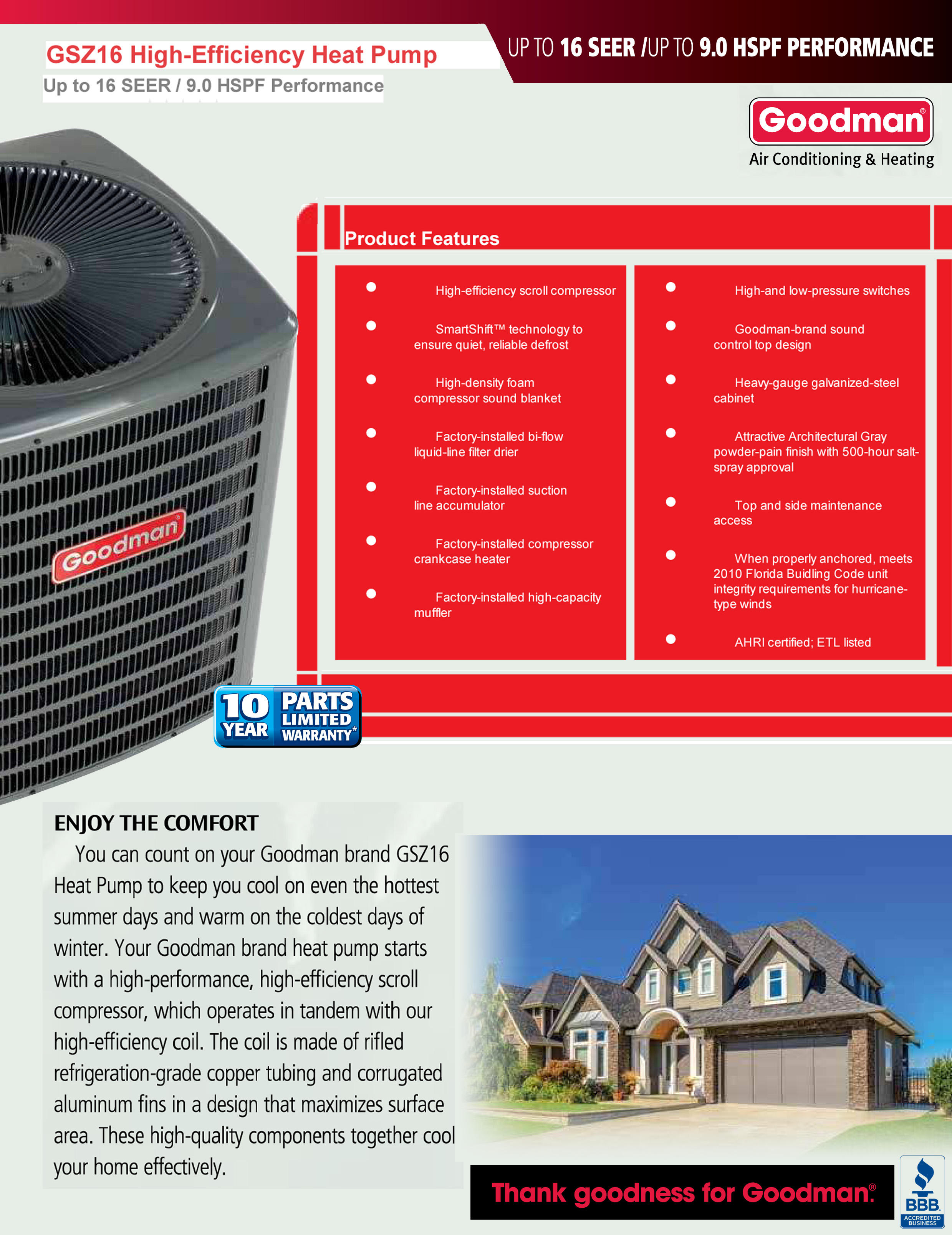 3 Ton Goodman 16 SEER Heat Pump Condenser GSZ160361 (9469)(F)